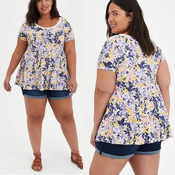 Torrid | Babydoll Floral Top Scoop Neck Short Sleeve Cotton Modal Blend Pullover - Picture 1 of 9